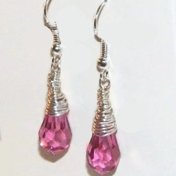 Pink Swarovski Crystal Teardrop Earrings: Sterling Silver Wire Wrapped Dangle - Picture 4 of 4